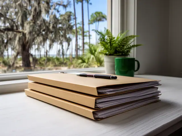 Stack of closed kraft folders with a pen on a white desk by a window onto live oaks with Spanish moss