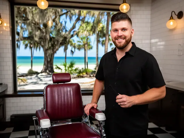 Smiling barber in a black shirt beside a classic oxblood barber chair, live oaks and the Gulf outside